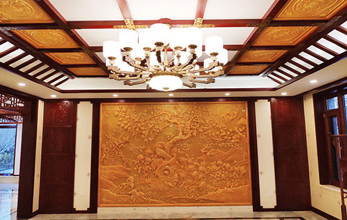 平和中式别墅客厅中式木作横梁吊顶装饰展示
