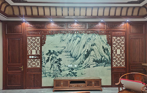平和中式仿古别墅客厅背景墙花格木作装饰